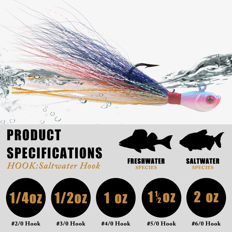 SILANON Bucktail Jigs Saltwater Lures,3/5PCS Bucktail Hair Jigs Head Fishing Lure Baits Assorted Kit for Bass Striper Bluefish Surf Fishing 1/4oz 1/2oz 1oz 1.5oz 2oz - Image 3